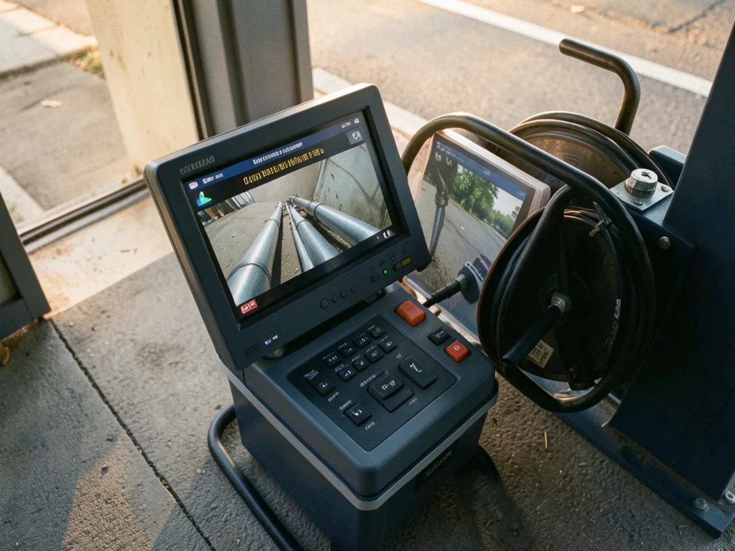 Digital sewer camera monitor displaying interior clay pipe joints in real time